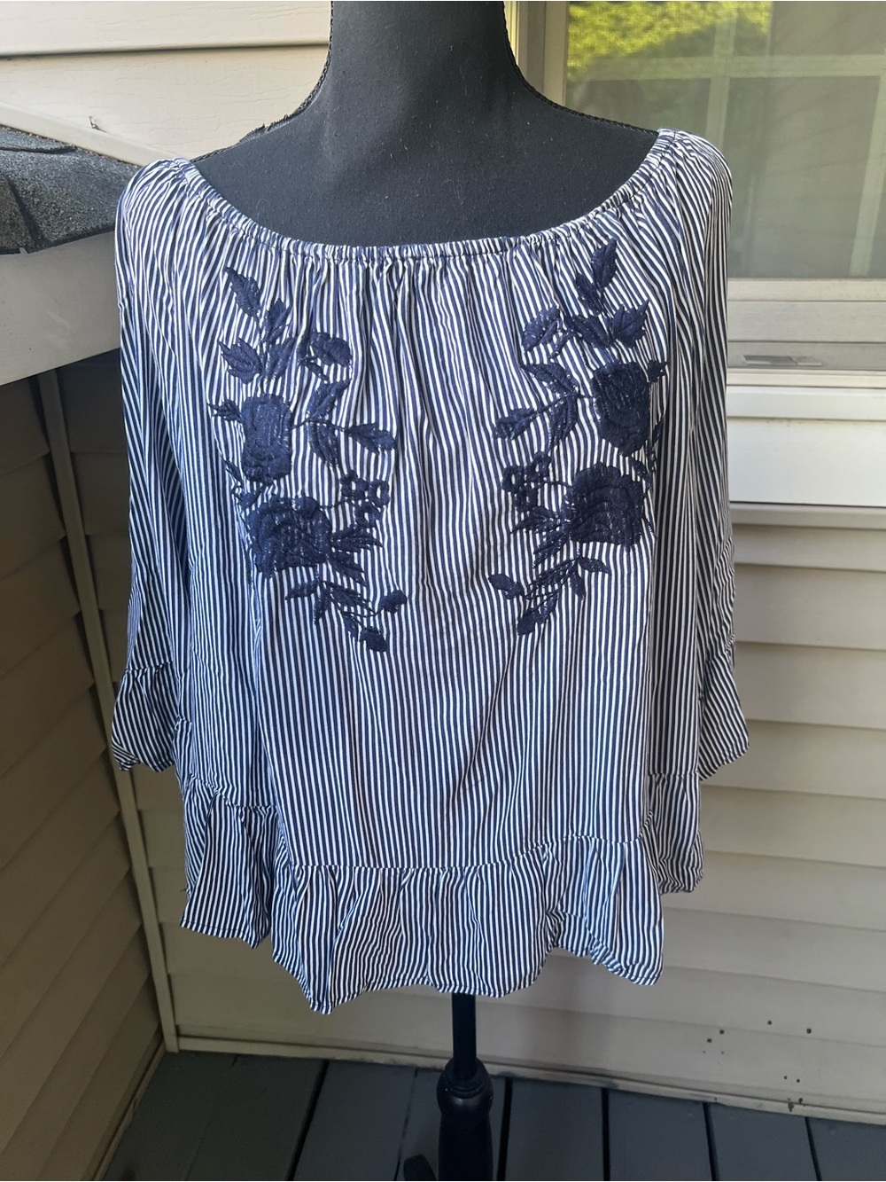 Unique Spectrum Navy & White Striped Off-Shoulder Tunic with Navy Embroidery